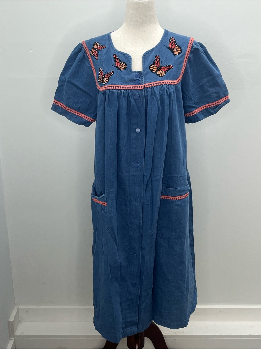 Go Softly Patio Blue Denim Butterfly Embroidered Dress House Duster Medium